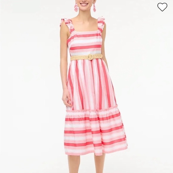 J.CREW NWOT Striped Squareneck Midi Dress Guava Spring Blossom - Size‎ 8 ruffles - Picture 2 of 16